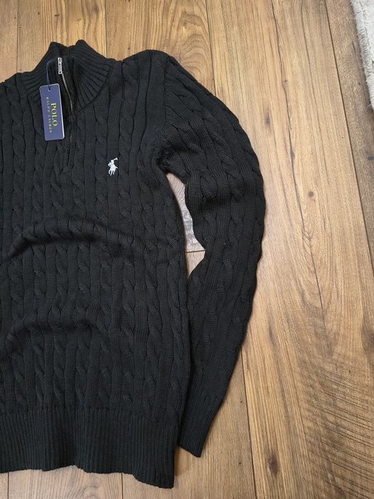 Pulover clasic, cable knit, RL, negru, half zipper