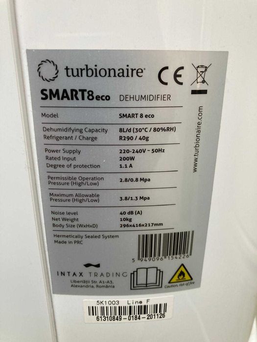 Dezumidificator aer TURBIONAIRE SMART 8 eco, 8l/zi, 200W
