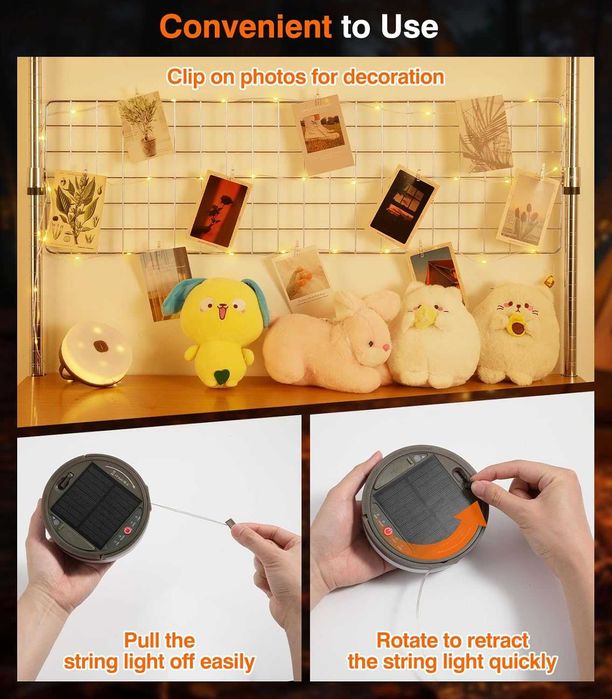 НОВИ! Соларни къмпинг лампички, 12м, 2-в-1, фенер и гирлянд, USB