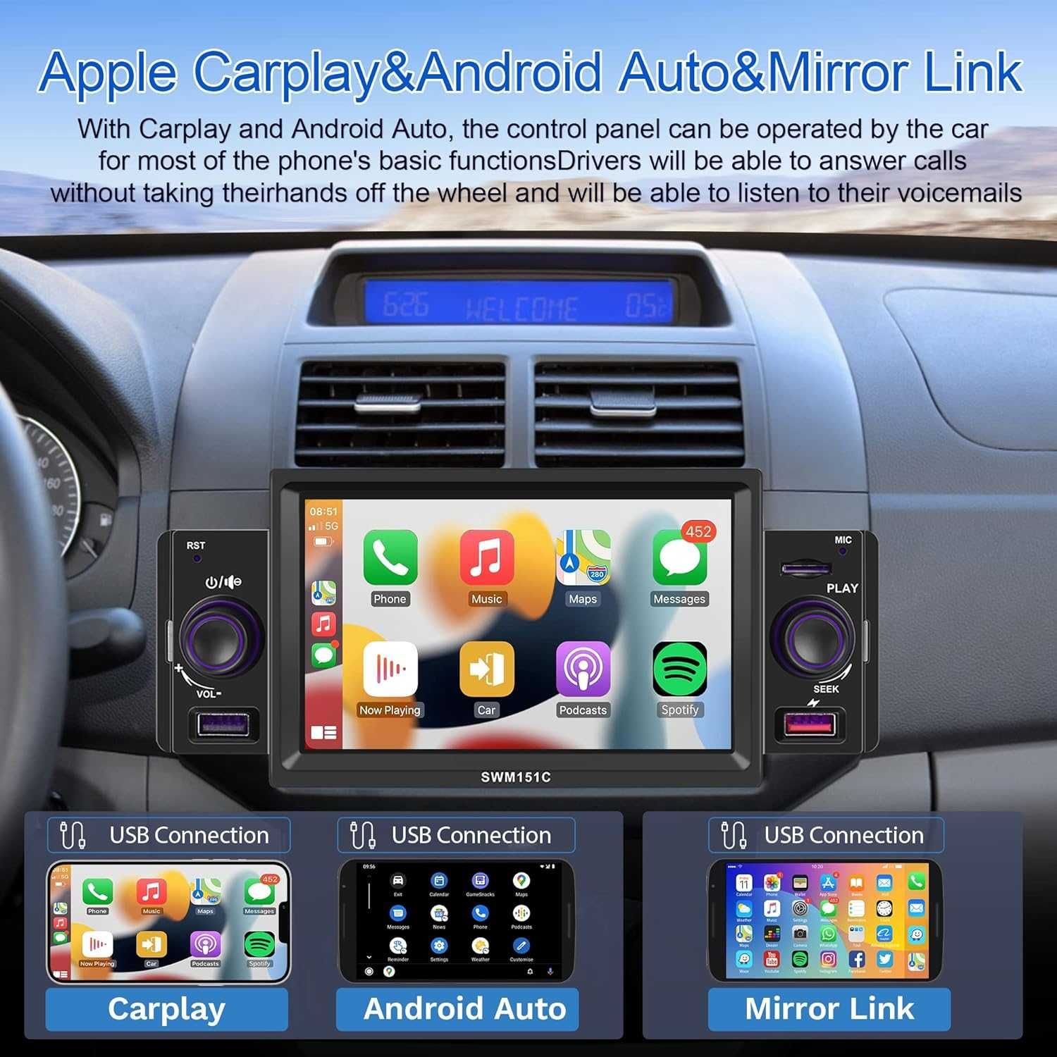 Мултимедия плеър за кола единичен дин Автомобил Car Play Android Auto