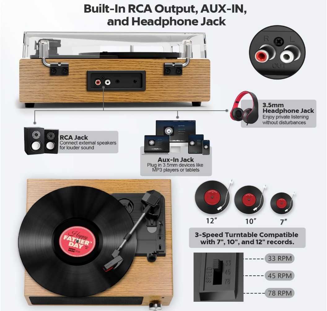Pick-up FYDEE nou, Bluetooth, cu difuzor stereo, 3 viteze, nou