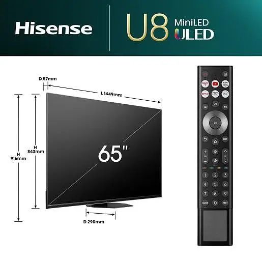 Нов MINI LED телевизор Hisense 65" (165.1 см) 65U8NQ, Smart TV, 4K