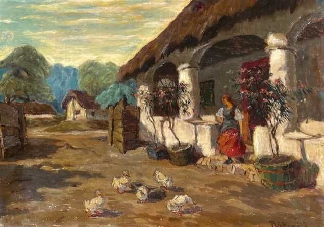 ”Fată în costum national în fața casei”  ul/pz 70x50cm