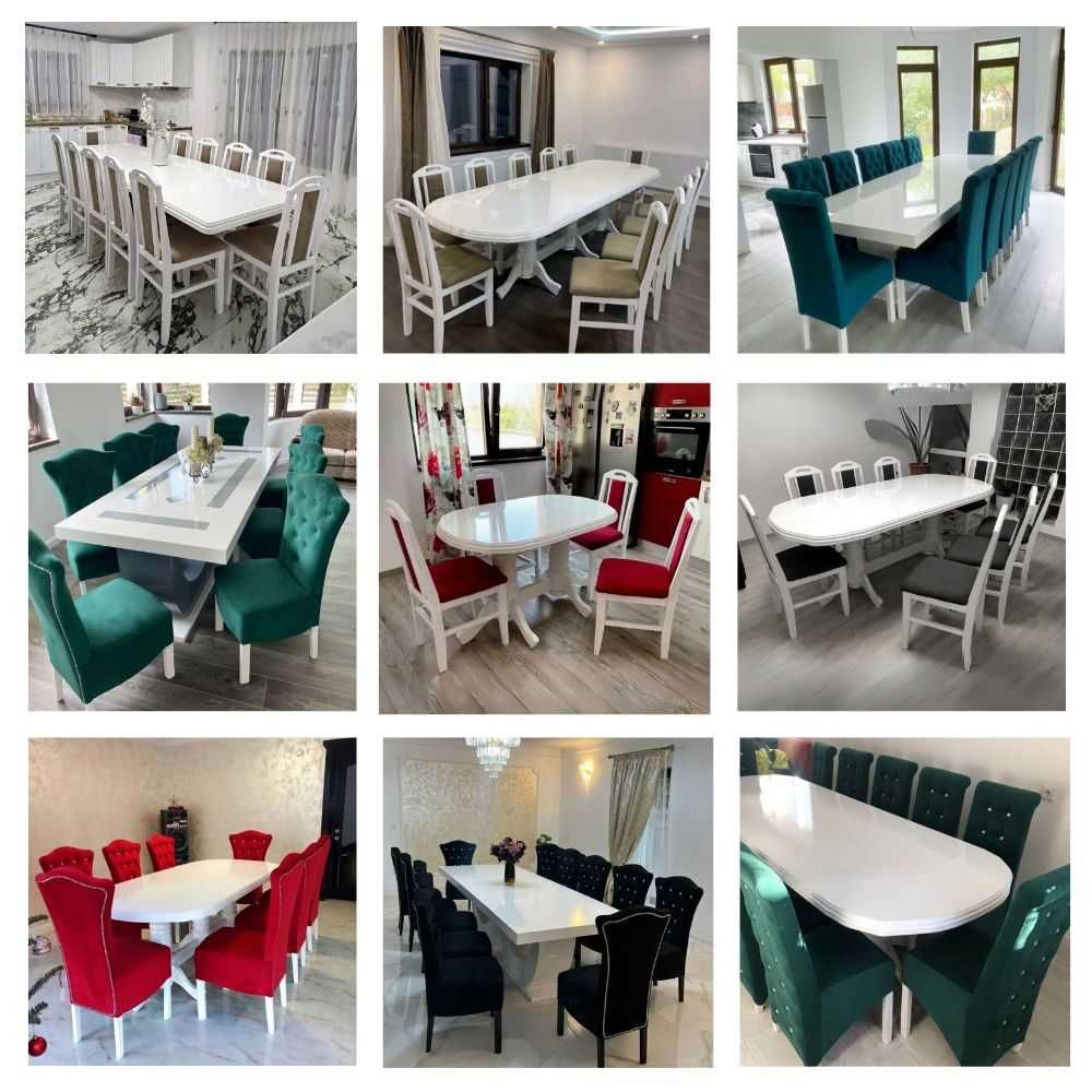 Masă mare living cu 18 scaune catifea bordo la comandă