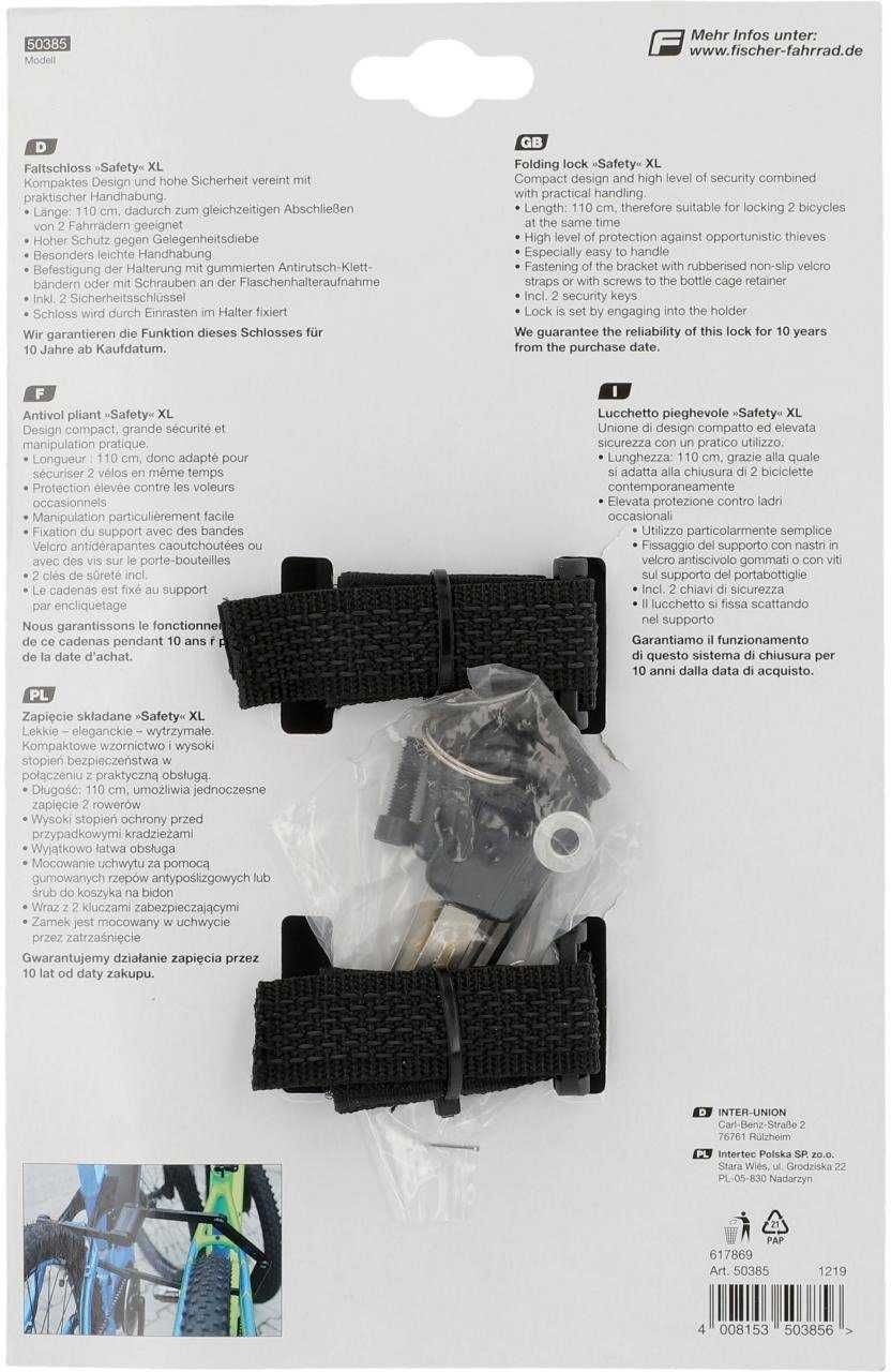Сгъваема ключалка FISCHER XL 110 см със скоба за 1 или 2 велосипеда!