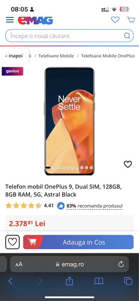 10/10  OnePlus 9 5G, 128/8+8 GB, 120Hz, 8K, 4500mAh, Liber  (GARANTIE)