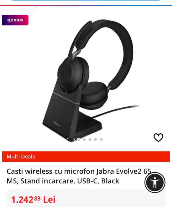 Casti wireless cu microfon Jabra Evolve2 65 MS, Stand incarcare, USB-C