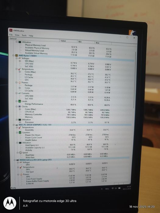 Laptop Lenovo legion 5 15ach6h rtx 3070 ryzen 5 5600h ssd 512 gb