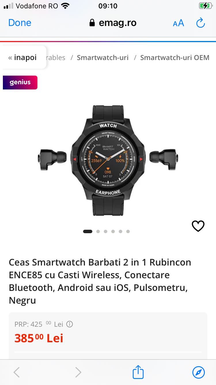 Ceas Smartwatch Barbati 2 in 1 Rubincon ENCE85 cu Casti Wireless