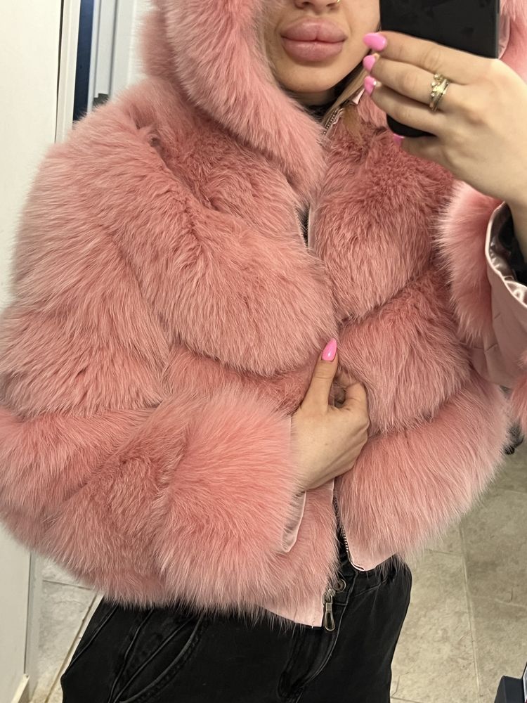 Палто от естествен косъм от лисица  в розов цвят