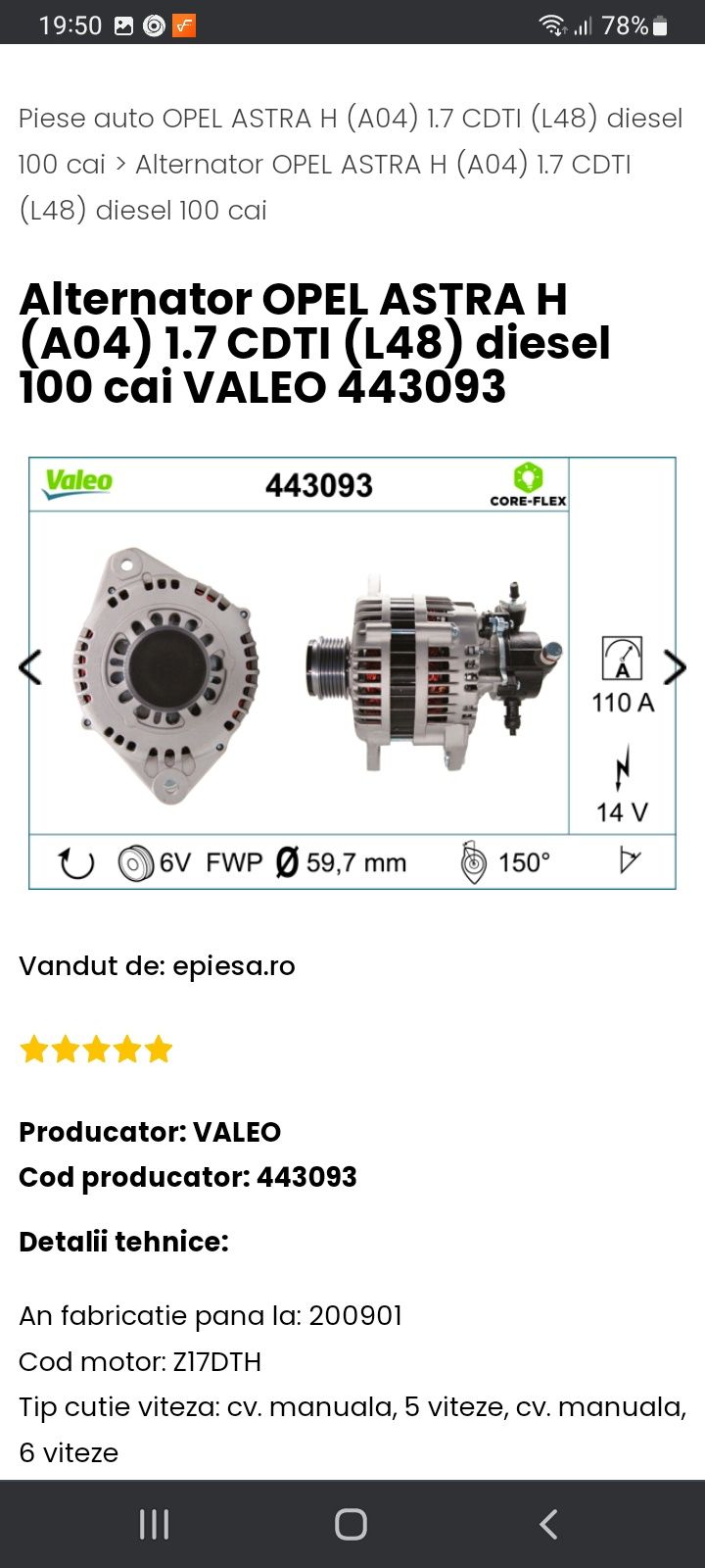 Alternator Valeo Opel Astra H