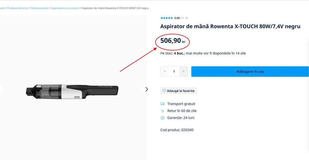 Aspirator de mână Rowenta X-TOUCH 80W/7,4V negru,(Super Ofertă).