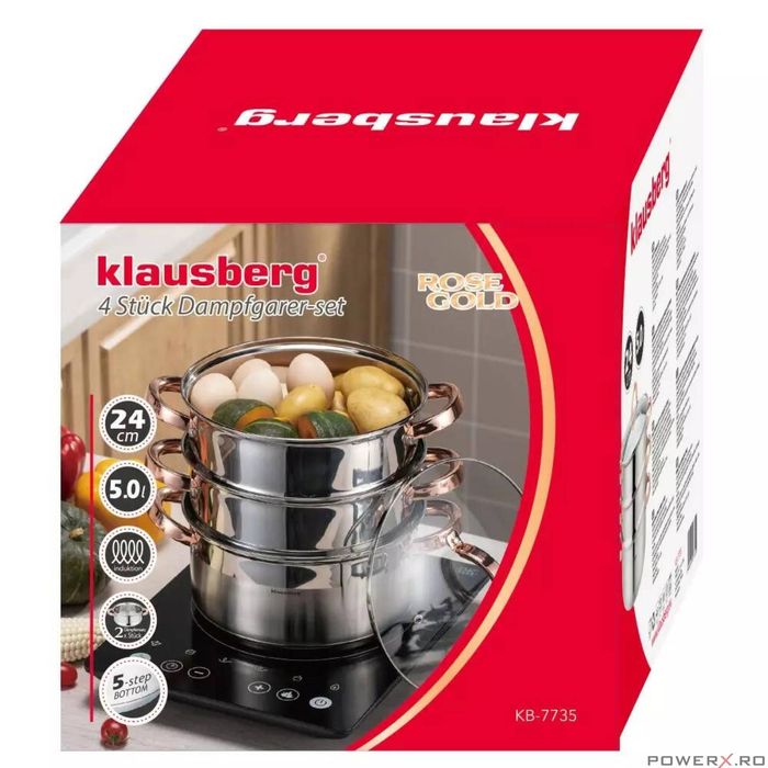 Oala fiert la abur, 4 elemente, cu manere roze gold, 24cm, 5.0L,