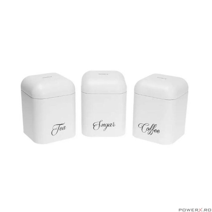 Recipiente pentru cafea, ceai, zahar, din otel, alb, 3 piese,