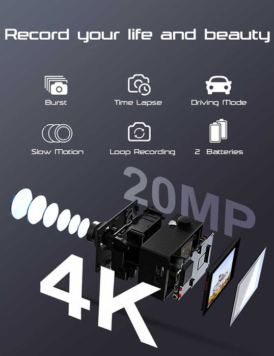 Пълен 4K екшън камера комплект Apexcam (64GB карта, 2 батерии)