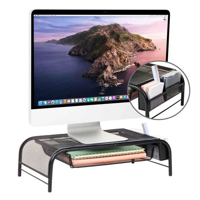Stand monitor plasa metalica cu sertar si rafturi laterale ergonomic
