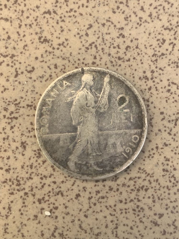Monedă de 2 lei din 1910 cu chipul lui Carol l