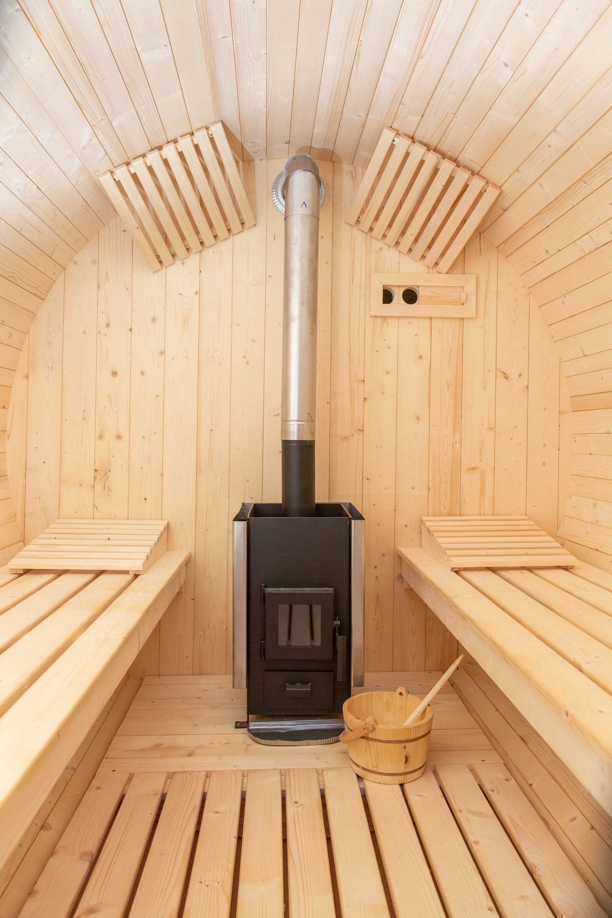 Sauna tip butoi exterior din lemn