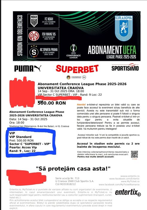 Abonament VIP Conference League UCV Craiova - Mainz si Sparta Praga