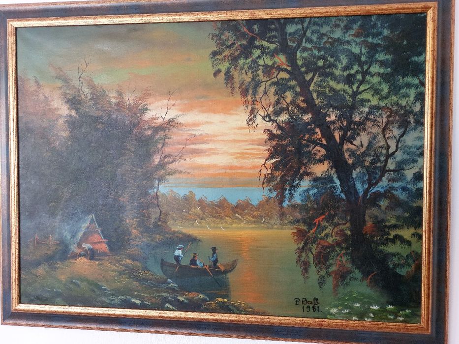 Apus de soare in Delta Dunarii, un tablou superb ulei pe panza, semnat