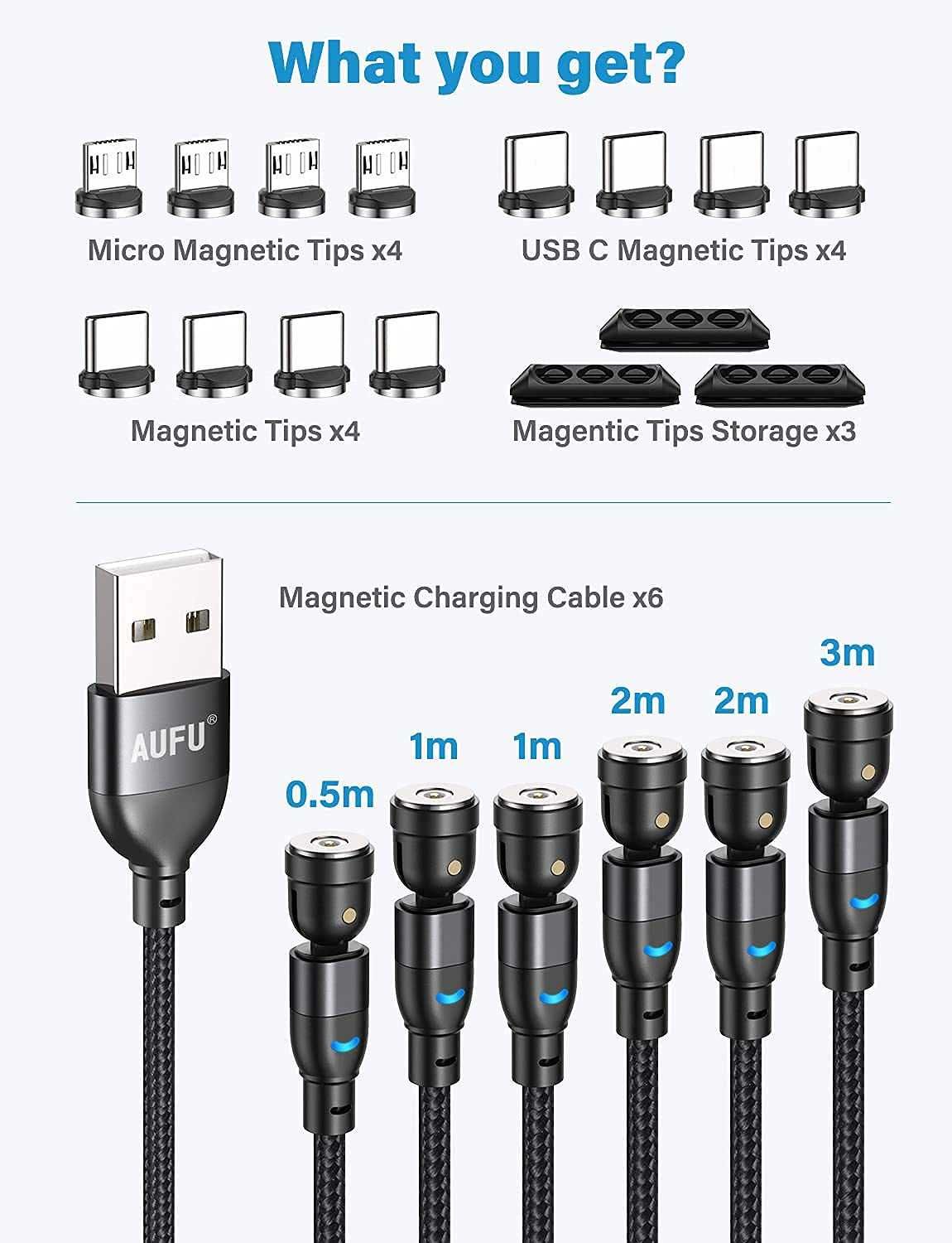 Комплект от 6 Магнитни кабела за зареждане USB-C въртящ се на 360°