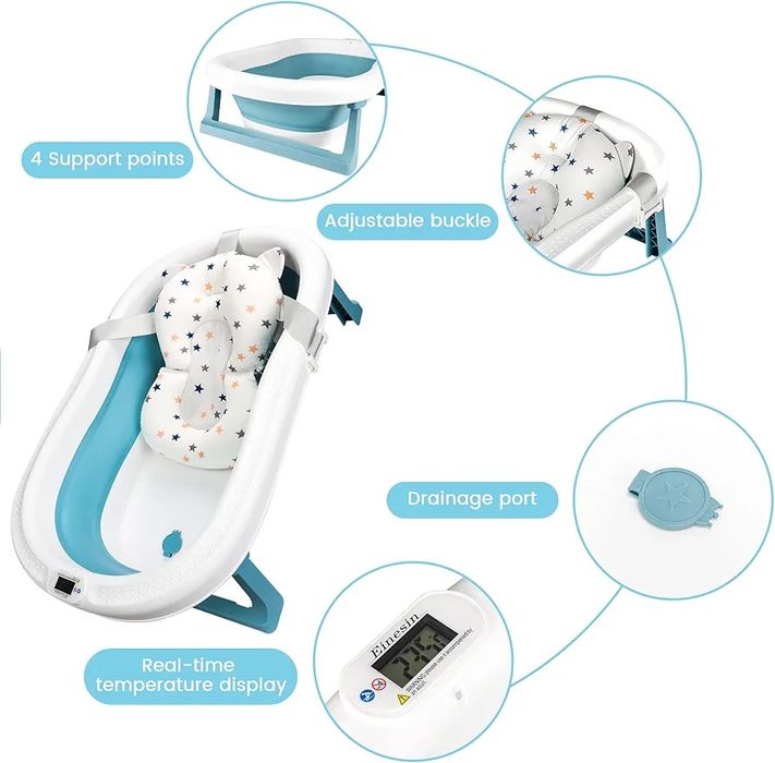 Сгъваема детска вана с дигитален термометър и анатомична подложка