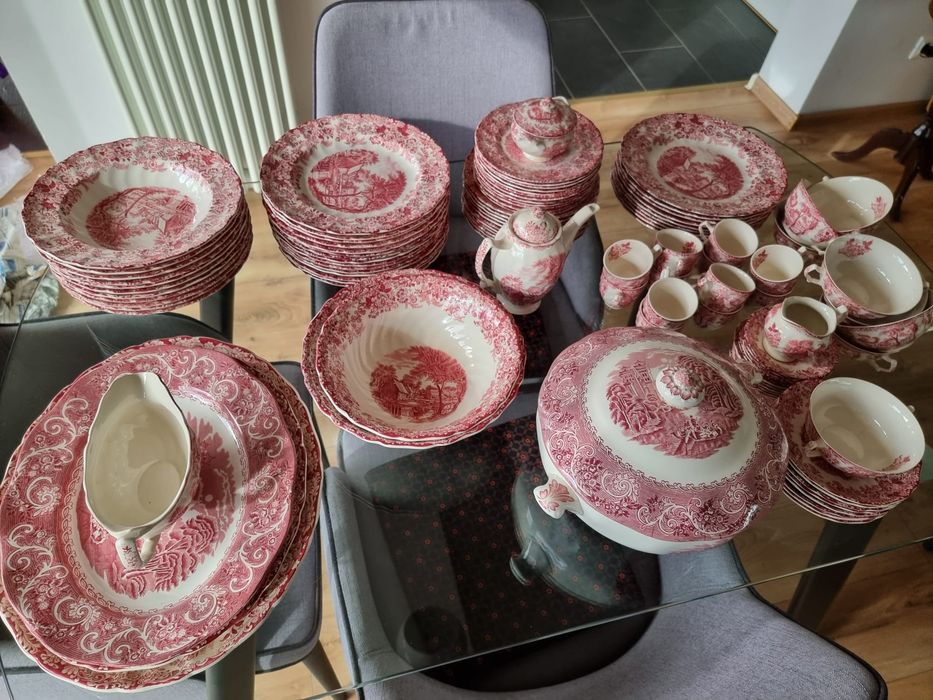 Set porțelan englezesc vintage – 120 piese, model Red Toile – impecabi
