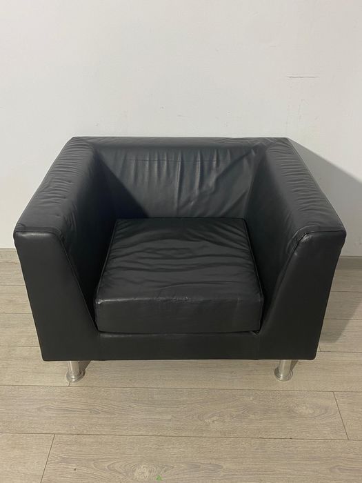 Fotoliu din Piele Naturală de Culoare Neagră; Scaun cu Brațe