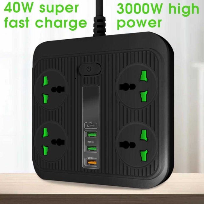 Prelungitor 40W 16A cu 4 prize si 3 x USB + USB-C QC3.0 fast charge 2m