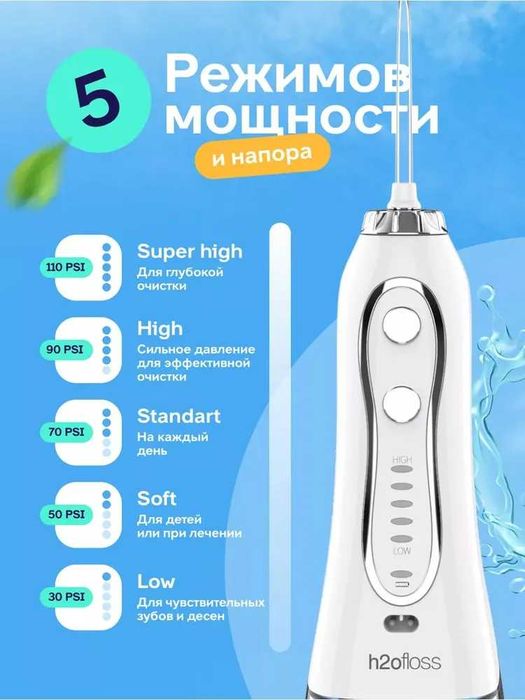 Ирригатор для полости рта портативный для зубов h2ofloss, 5 насадок