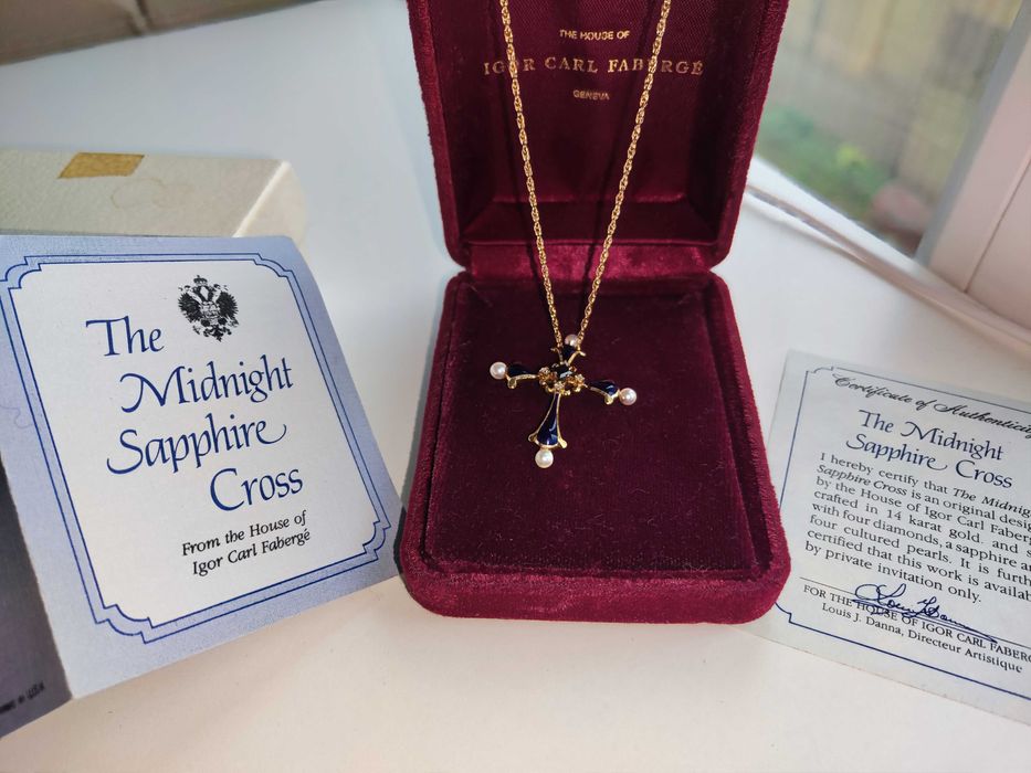 Faberge pandantiv Cruciulita Cruce Aur 14K  Email Diamante Safir Perle