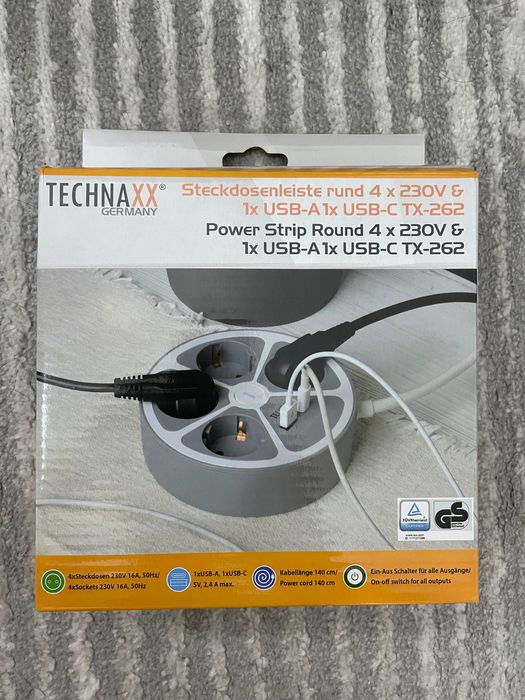 Кръгъл разклонител 4 гнезда, 2хUSB + type C
