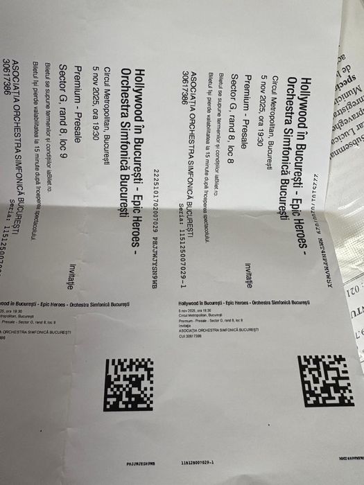 Vand 2 bilete Premium la Hollywood in Bucuresti-Epic Heroes Orchestra