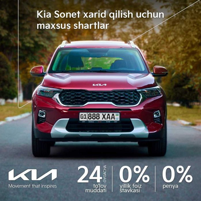 Kia Sonet 2025•0% yillik•24 oygacha to‘lov • Rasmiy diler Kia Karmana