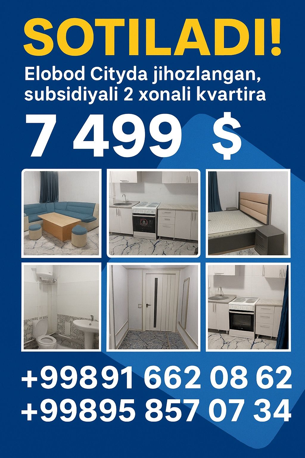 Elobod Cityda jihozlangan, subsidiyali 2 xonali kvartira sotiladi!
