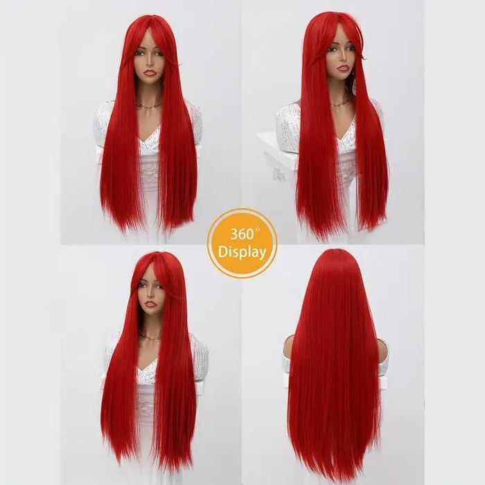 80 см Ярко червена права синтетична перука с дълъг бретон