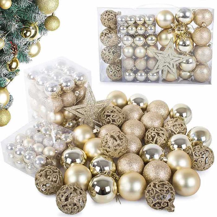 Златист комплект коледни топки 100 броя, със звезда за елха