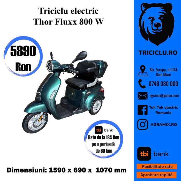 Tuk tuk Thor Fluxx-Spyder electric triciclu 800 W fara permis Agramix