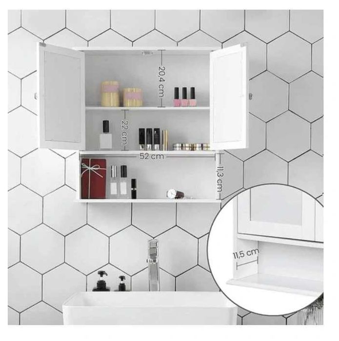 Dulap baie, suspendat, MDF, cu oglinda, 3 rafturi, 2 usi, 56x13x58 cm