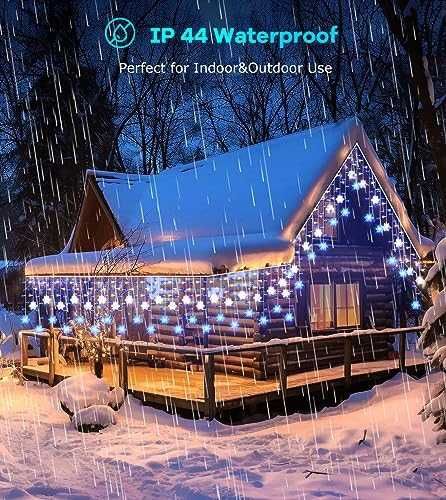 Нови Коледни LED ледени висулки с снежинки 10.7м 240 светлини за двор