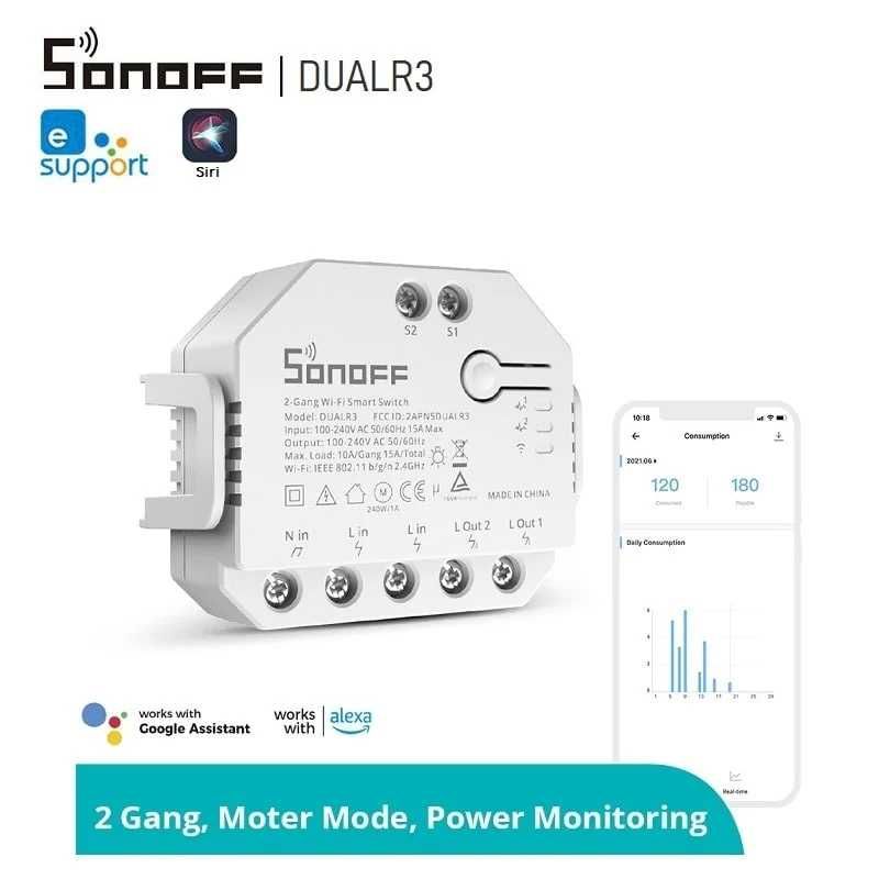 SONOFF DUALR3 – Двуканален WiFi превключвател с измервателен уред 15А