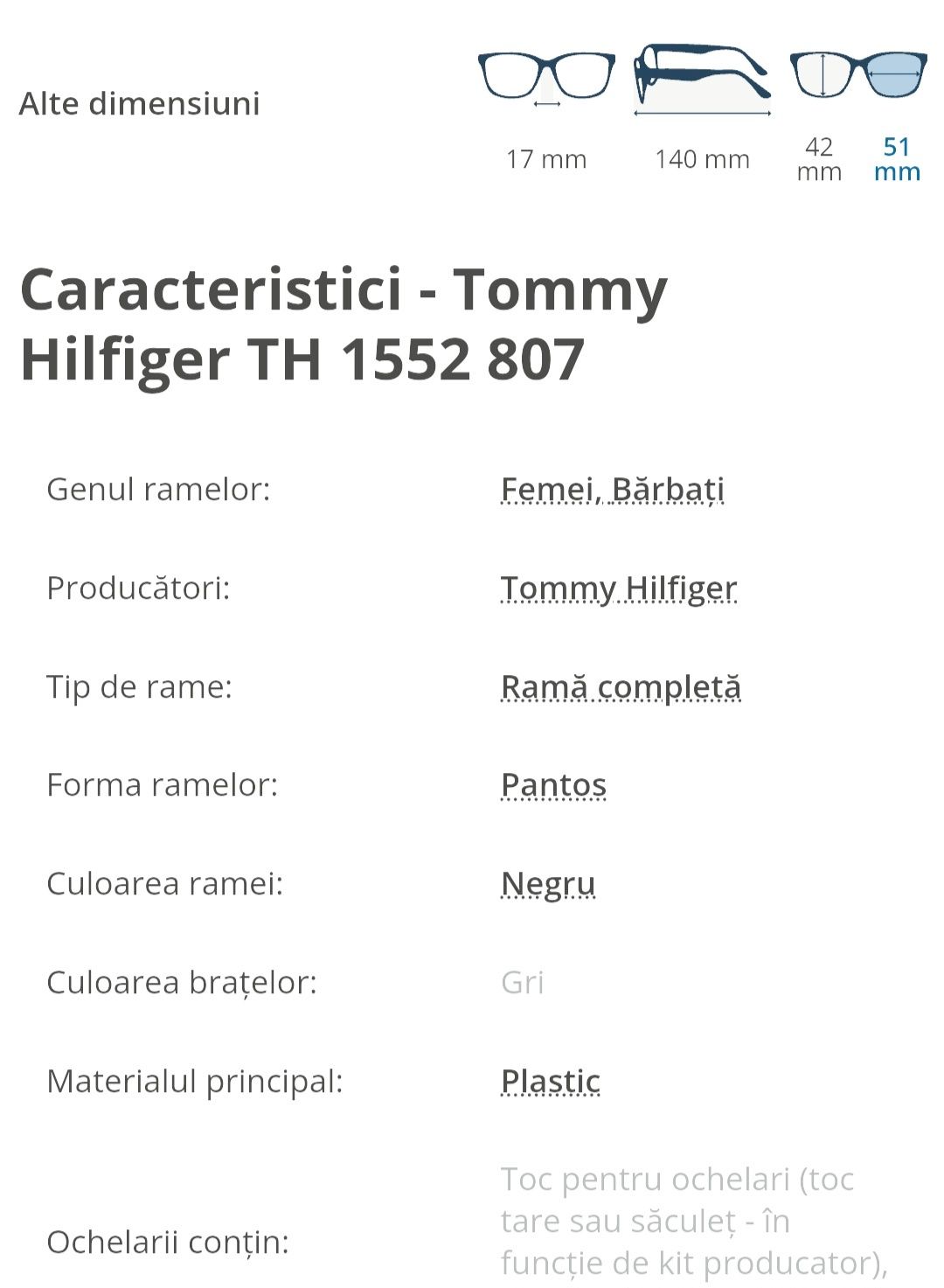 Rama ochelari unisex Tommy Hilfiger TH 1552 807