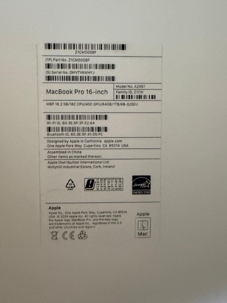 Macbook Pro 16”M3 Max/16-core CPU/40 core GPU/1TB/64GB RAM