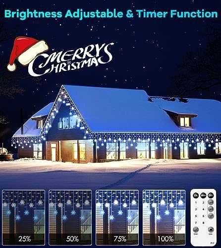 Нови Коледни LED ледени висулки с снежинки 10.7м 240 светлини за двор