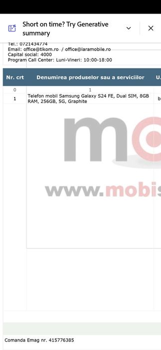 Telefon mobil Samsung Galaxy S24 FE, Dual SIM, 8GB RAM, 256GB, 5G, Gra