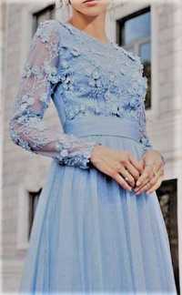 Официална рокля дантела, Синя дълга рокля, Макси рокля , Елегантна