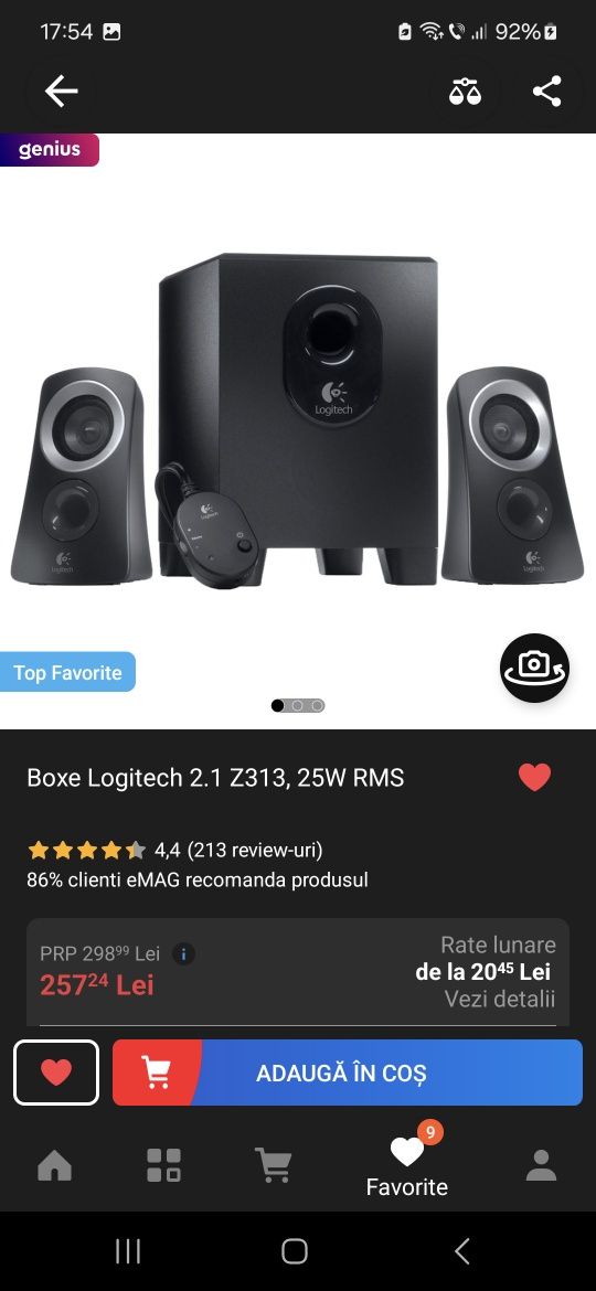 Boxe Logitech 2.1 Z313, 25W RMS