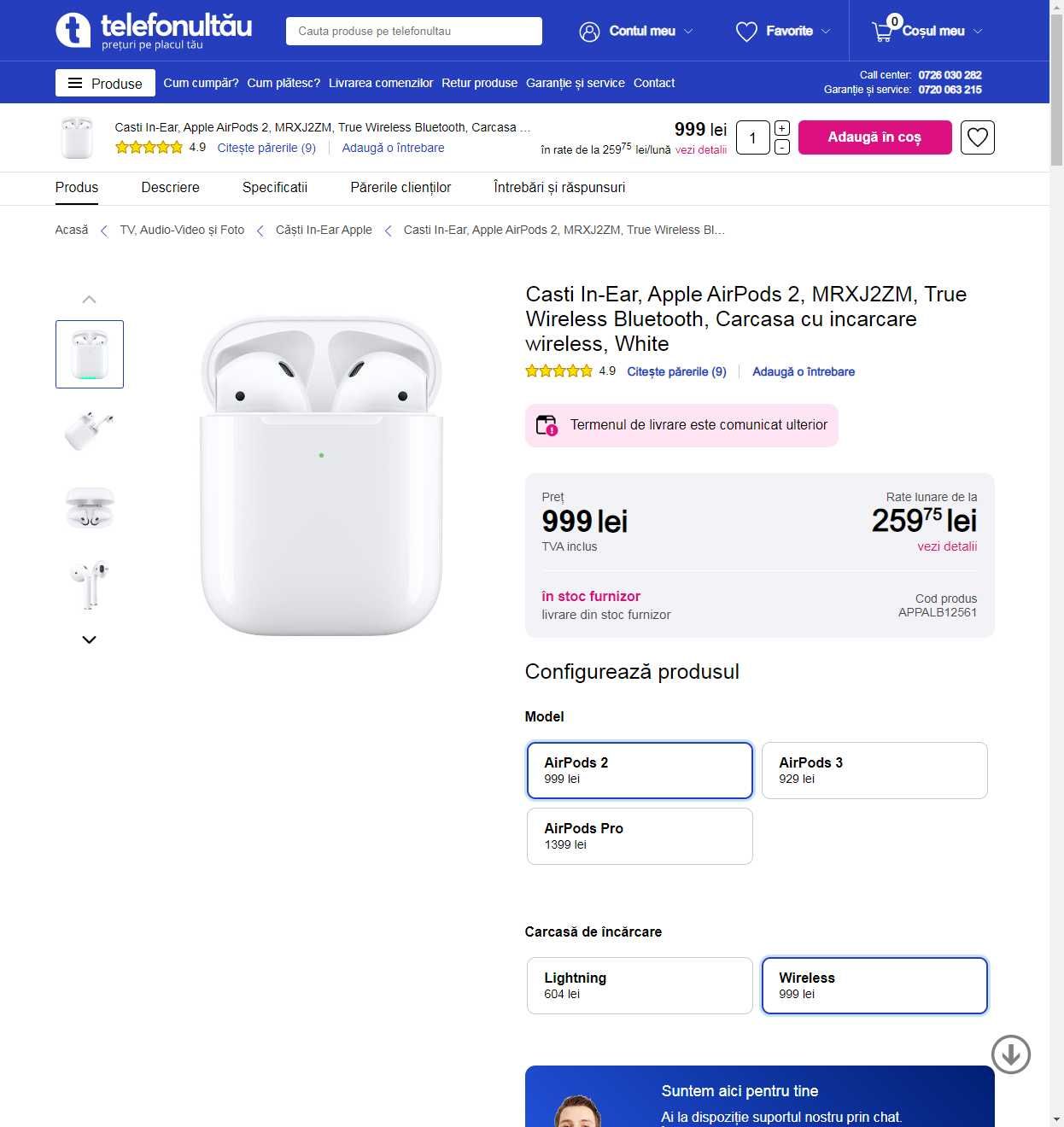 Casti wireless Apple Airpods 2 ORIGINALE ca NOI cu GARANTIE