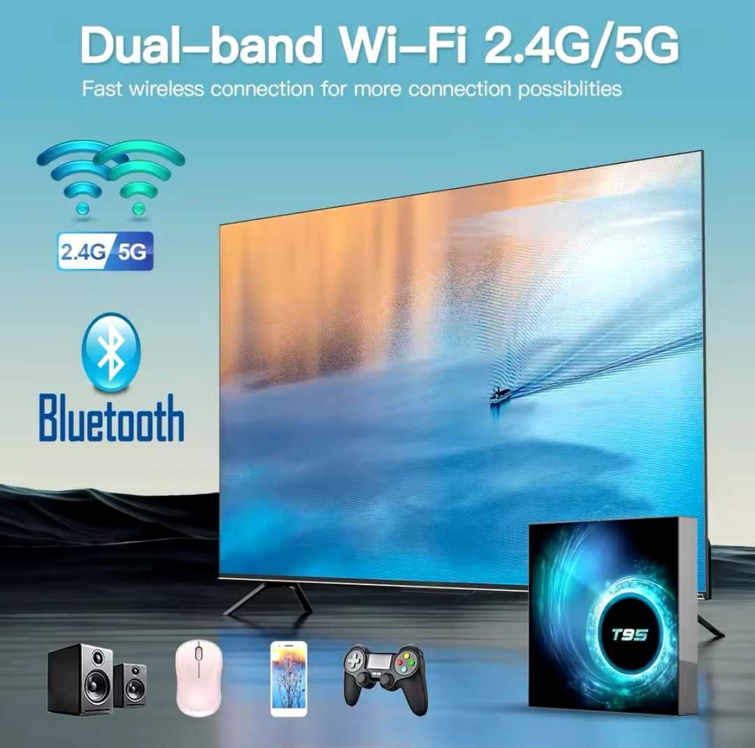 Smart TV BOX T95 Ram 8GB, Rom 128GB Android 14 + безжична клавиатура