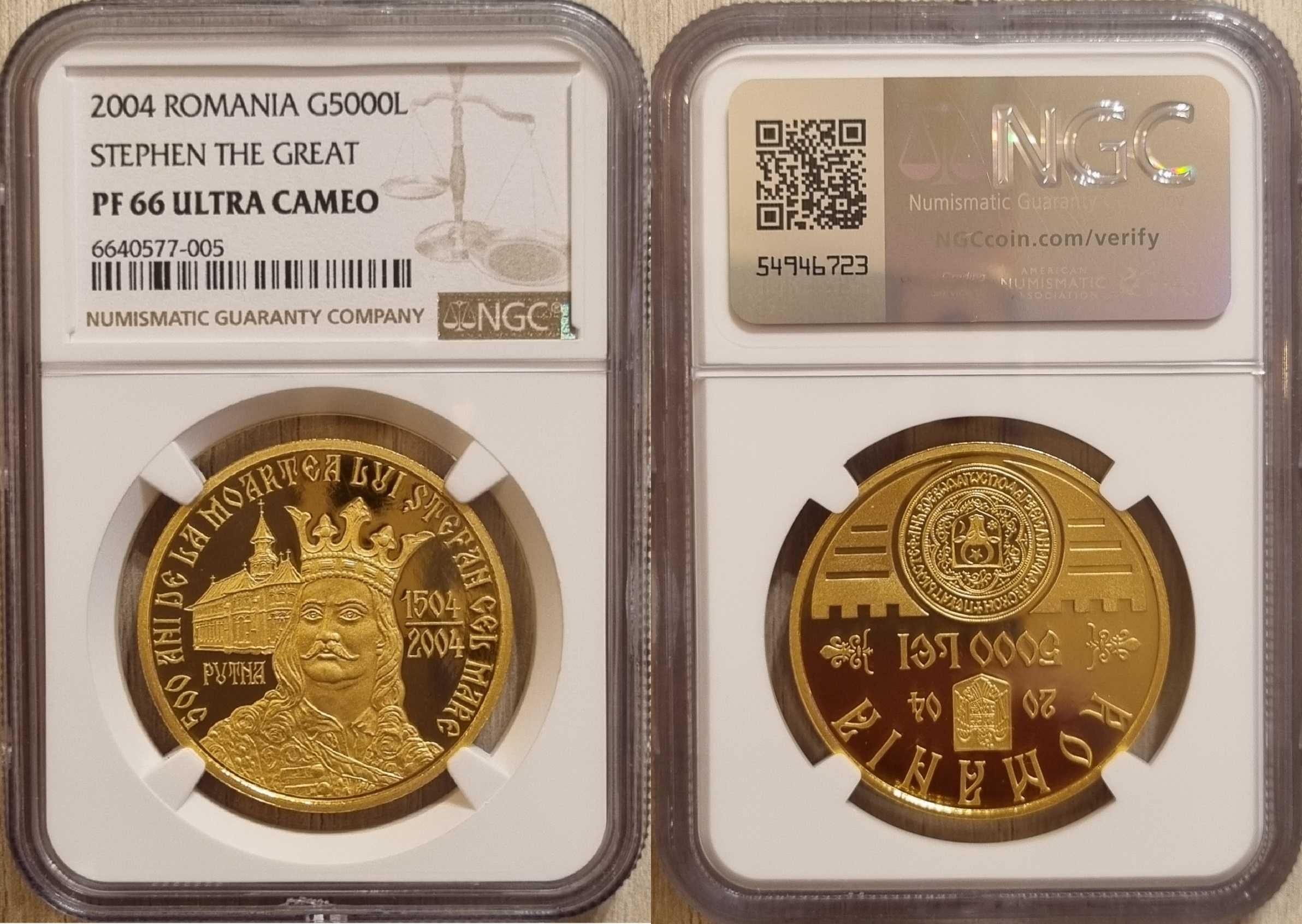 Moneda BNR 5000 lei aur Stefan cel Mare gradata NGC PF 66